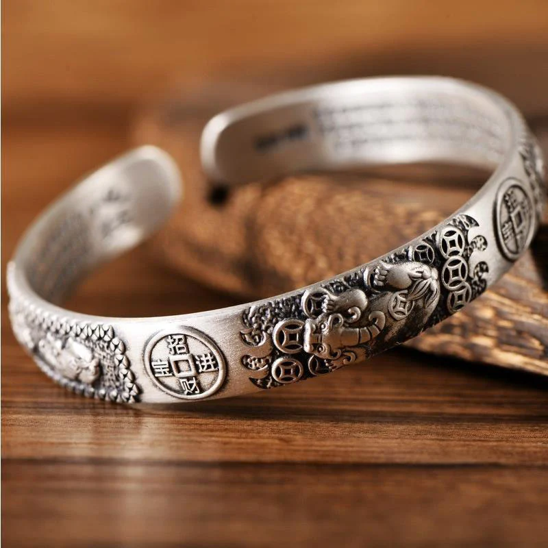 Buddha Stones Tibetano PiXiu Cuore Sutra Moneta Rame Bianco Bracciale Ricchezza Bracciale Regolabile - Image 3