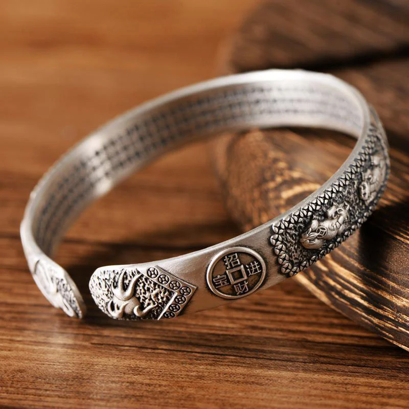 Buddha Stones Tibetano PiXiu Cuore Sutra Moneta Rame Bianco Bracciale Ricchezza Bracciale Regolabile - Image 4