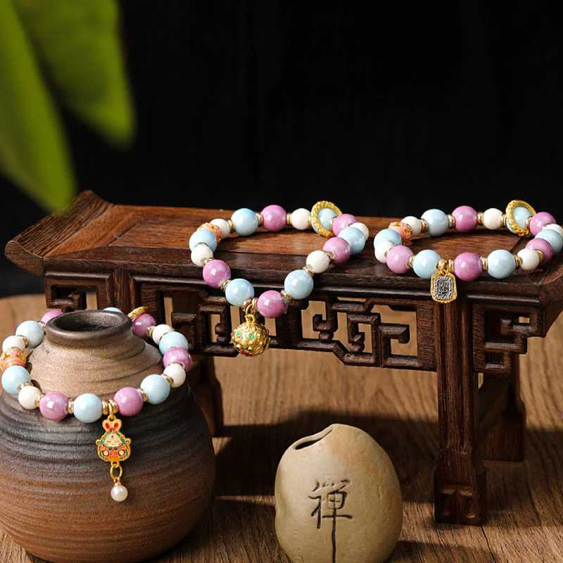 Buddha Stones Tibetano Zakiram Dea della Ricchezza Coniglio Testa di Leone Ciondolo Liuli Vetro Incenso Cenere Perline di Porcellana Braccialetto di Protezione