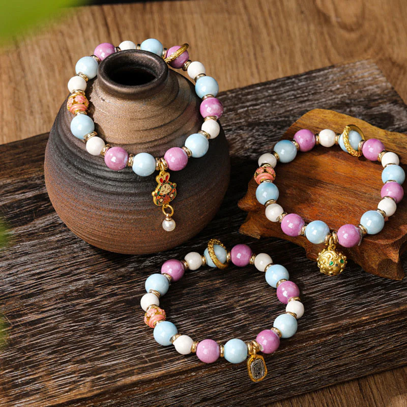 Buddha Stones Tibetano Zakiram Dea della Ricchezza Coniglio Testa di Leone Ciondolo Liuli Vetro Incenso Cenere Perline di Porcellana Braccialetto di Protezione - Image 2