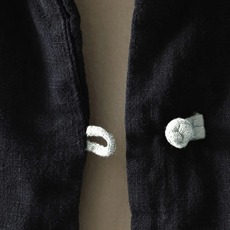 Giacca da donna in cotone e lino con collo alto e bottoni a rana, tinta unita, con motivo Buddha Stones. - Image 22
