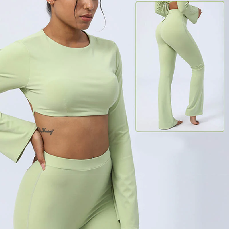 Buddha Stones Top senza spalline a maniche lunghe con reggiseno e pantaloni svasati, completo fitness e yoga - Image 12
