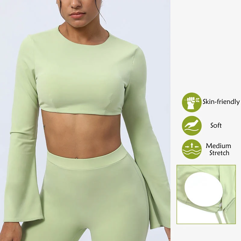Buddha Stones Top senza spalline a maniche lunghe con reggiseno e pantaloni svasati, completo fitness e yoga - Image 15