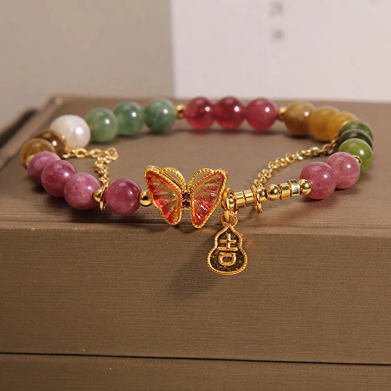 Buddha Stones Tormalina colorata naturale Farfalla Carattere di buon auspicio Zucca Braccialetto positivo