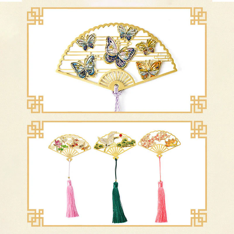 Buddha Stones tradizionale farfalla fiore di loto gru drago fenice volpe pesce koi nuovo inizio metallo ottone ventaglio cavo segnalibri - Image 5