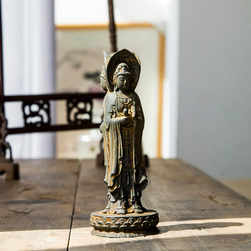 Buddha Stones Triangolare Kwan Yin Avalokitesvara Ferro Polvere Ruggine Resina Statua Ricchezza Decorazione Scrivania - Image 3