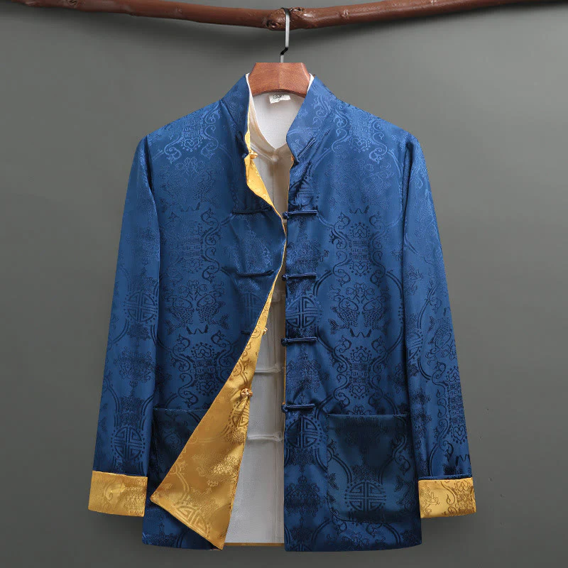 Buddha Stones Uomo Rana-Bottone Tang Suit Koi Fish Pattern Giacca Manica Lunga Camicia Con Tasche - Image 2