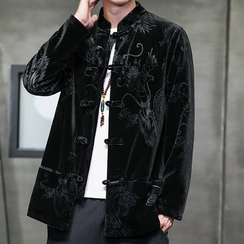Buddha Stones Uomo Rana-bottoni Tang Suit Drago Modello Lisvelte Cotone Giacca Camicia Con Tasche - Image 11