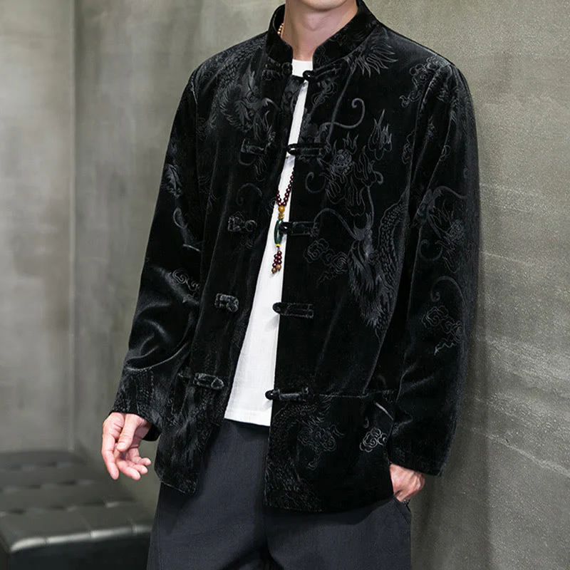 Buddha Stones Uomo Rana-bottoni Tang Suit Drago Modello Lisvelte Cotone Giacca Camicia Con Tasche - Image 13