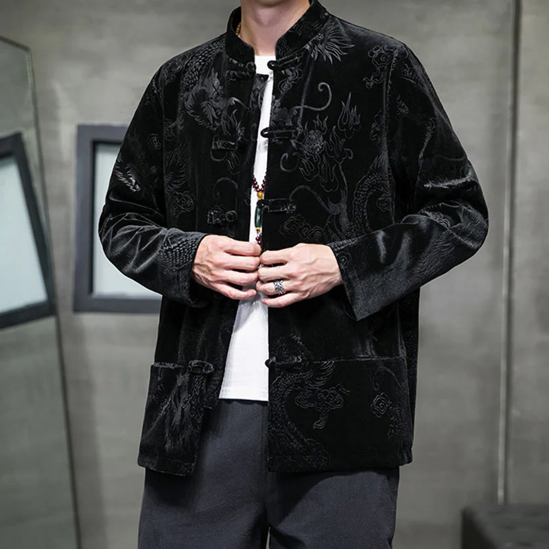 Buddha Stones Uomo Rana-bottoni Tang Suit Drago Modello Lisvelte Cotone Giacca Camicia Con Tasche - Image 15