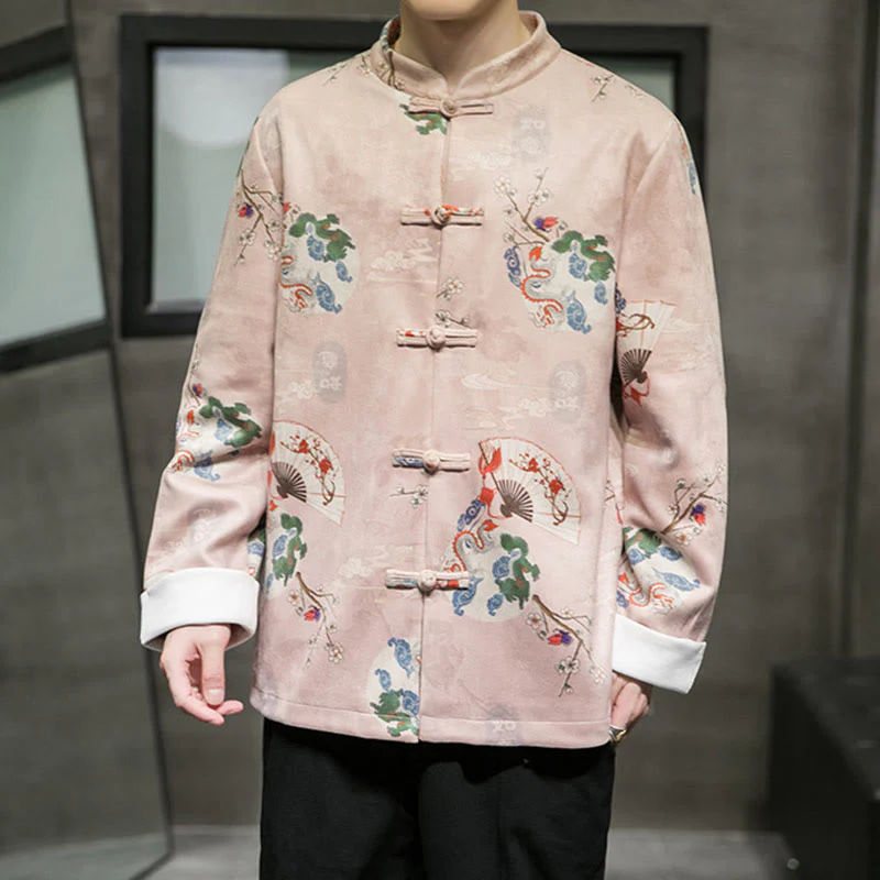 Buddha Stones Vestiti per il capodanno cinese Fiori Drago Ventaglio Nuvole di buon auspicio Rana-bottoni Tang Suit Giacca da uomo in cotone Camicia