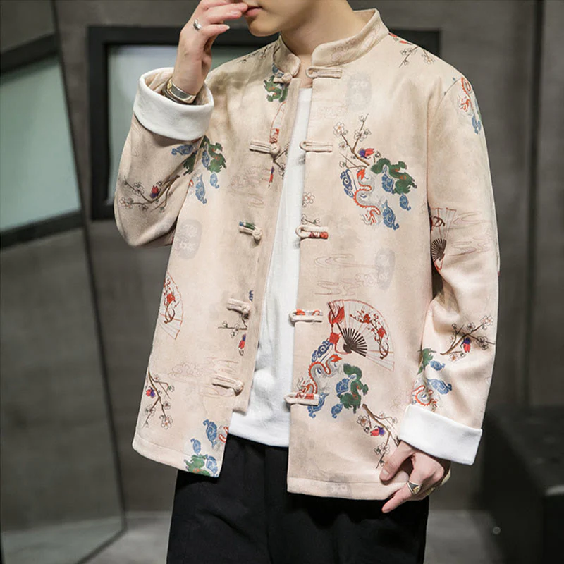 Buddha Stones Vestiti per il capodanno cinese Fiori Drago Ventaglio Nuvole di buon auspicio Rana-bottoni Tang Suit Giacca da uomo in cotone Camicia - Image 10
