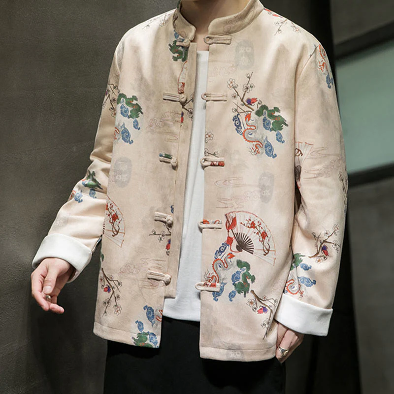Buddha Stones Vestiti per il capodanno cinese Fiori Drago Ventaglio Nuvole di buon auspicio Rana-bottoni Tang Suit Giacca da uomo in cotone Camicia - Image 11