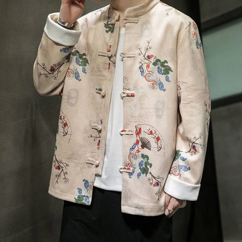 Buddha Stones Vestiti per il capodanno cinese Fiori Drago Ventaglio Nuvole di buon auspicio Rana-bottoni Tang Suit Giacca da uomo in cotone Camicia - Image 12