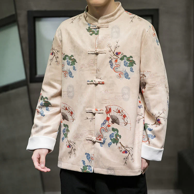 Buddha Stones Vestiti per il capodanno cinese Fiori Drago Ventaglio Nuvole di buon auspicio Rana-bottoni Tang Suit Giacca da uomo in cotone Camicia - Image 14