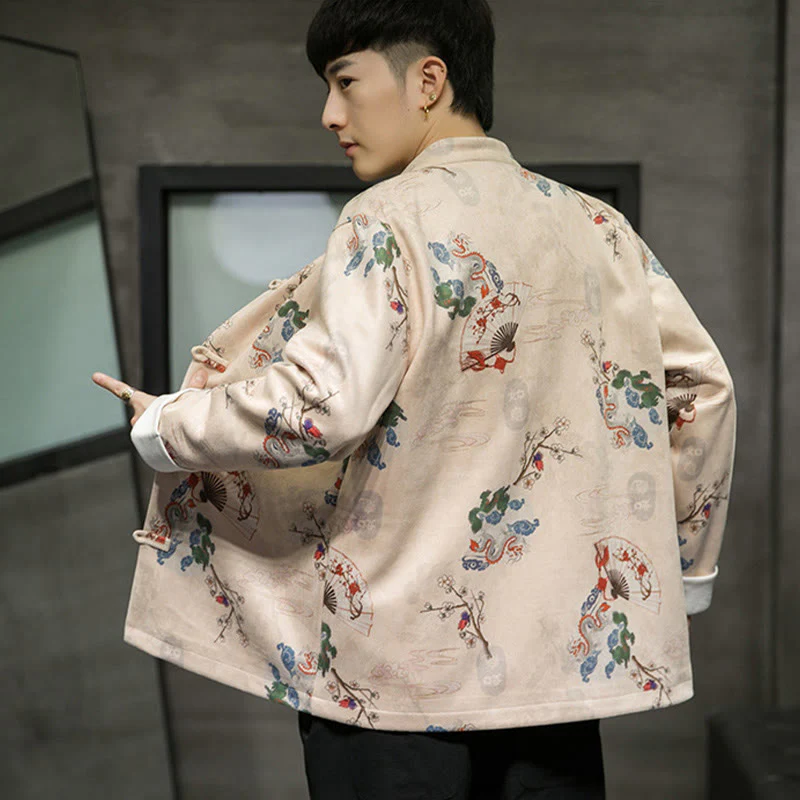 Buddha Stones Vestiti per il capodanno cinese Fiori Drago Ventaglio Nuvole di buon auspicio Rana-bottoni Tang Suit Giacca da uomo in cotone Camicia - Image 15