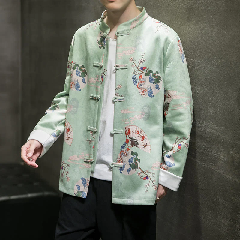 Buddha Stones Vestiti per il capodanno cinese Fiori Drago Ventaglio Nuvole di buon auspicio Rana-bottoni Tang Suit Giacca da uomo in cotone Camicia - Image 16