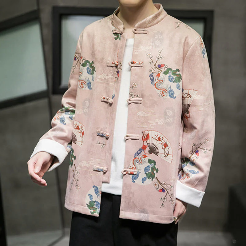 Buddha Stones Vestiti per il capodanno cinese Fiori Drago Ventaglio Nuvole di buon auspicio Rana-bottoni Tang Suit Giacca da uomo in cotone Camicia - Image 2