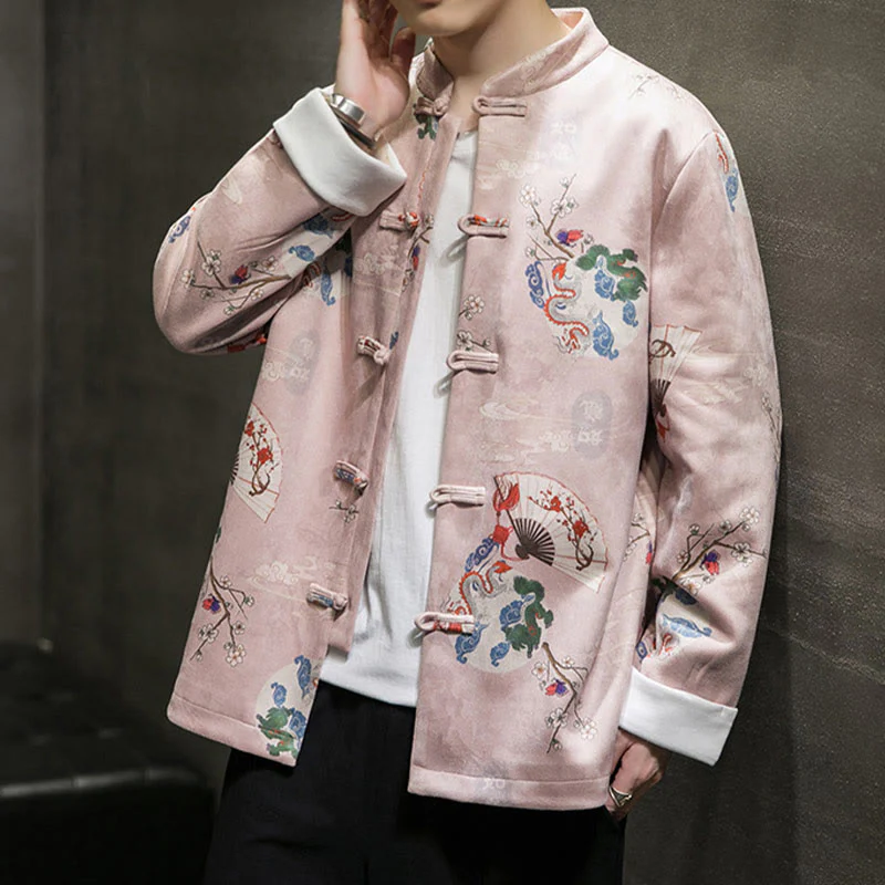Buddha Stones Vestiti per il capodanno cinese Fiori Drago Ventaglio Nuvole di buon auspicio Rana-bottoni Tang Suit Giacca da uomo in cotone Camicia - Image 3