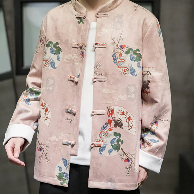 Buddha Stones Vestiti per il capodanno cinese Fiori Drago Ventaglio Nuvole di buon auspicio Rana-bottoni Tang Suit Giacca da uomo in cotone Camicia - Image 6