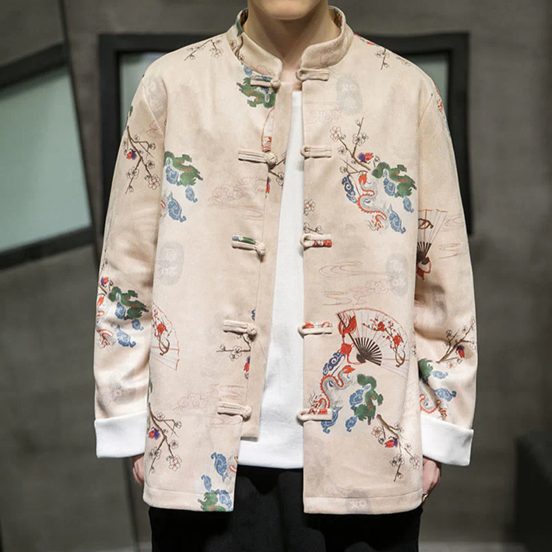 Buddha Stones Vestiti per il capodanno cinese Fiori Drago Ventaglio Nuvole di buon auspicio Rana-bottoni Tang Suit Giacca da uomo in cotone Camicia - Image 7