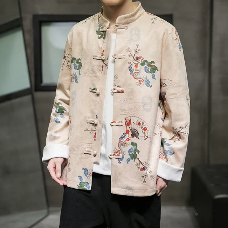 Buddha Stones Vestiti per il capodanno cinese Fiori Drago Ventaglio Nuvole di buon auspicio Rana-bottoni Tang Suit Giacca da uomo in cotone Camicia - Image 8