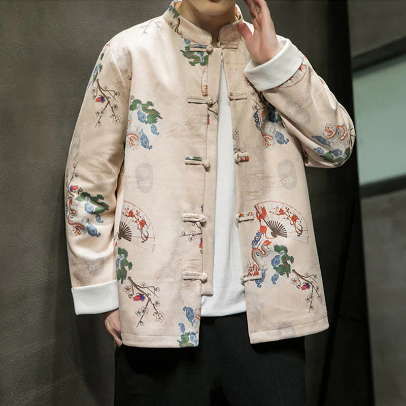Buddha Stones Vestiti per il capodanno cinese Fiori Drago Ventaglio Nuvole di buon auspicio Rana-bottoni Tang Suit Giacca da uomo in cotone Camicia - Image 9