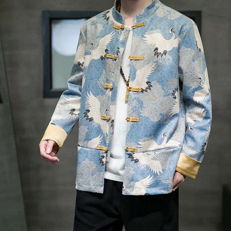 Buddha Stones Vestiti per il capodanno cinese Gru bianca Rana dorata Bottoni Tang Suit Giacca da uomo in cotone Camicia con tasche - Image 10