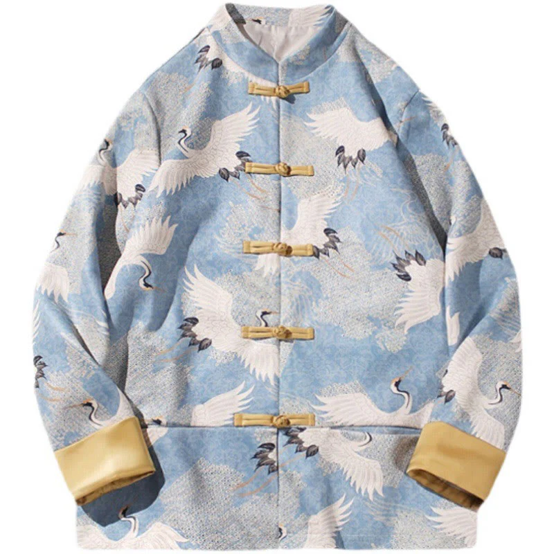 Buddha Stones Vestiti per il capodanno cinese Gru bianca Rana dorata Bottoni Tang Suit Giacca da uomo in cotone Camicia con tasche - Image 11