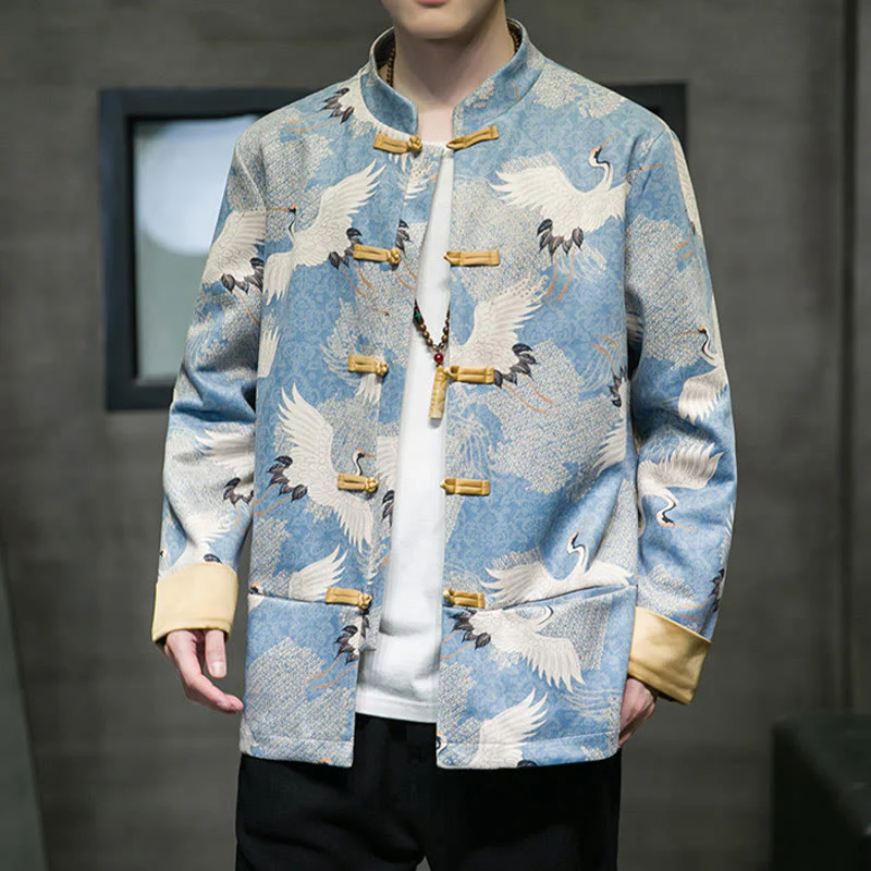 Buddha Stones Vestiti per il capodanno cinese Gru bianca Rana dorata Bottoni Tang Suit Giacca da uomo in cotone Camicia con tasche - Image 2