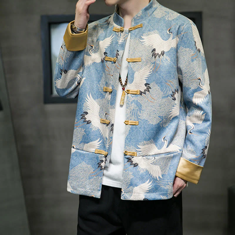 Buddha Stones Vestiti per il capodanno cinese Gru bianca Rana dorata Bottoni Tang Suit Giacca da uomo in cotone Camicia con tasche - Image 3