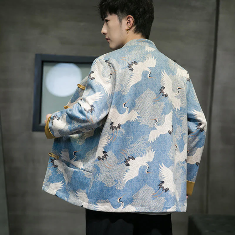 Buddha Stones Vestiti per il capodanno cinese Gru bianca Rana dorata Bottoni Tang Suit Giacca da uomo in cotone Camicia con tasche - Image 6
