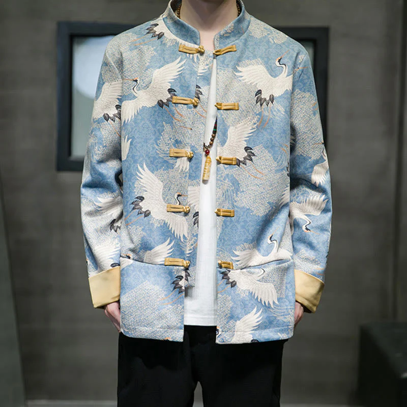Buddha Stones Vestiti per il capodanno cinese Gru bianca Rana dorata Bottoni Tang Suit Giacca da uomo in cotone Camicia con tasche - Image 7
