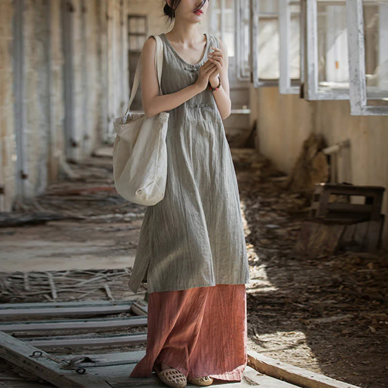 Abito da donna senza maniche in ramia e lino con bottoni a rana e tasche, lunghezza al ginocchio, con stampa Buddha Stones. - Image 12