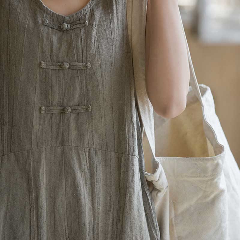 Abito da donna senza maniche in ramia e lino con bottoni a rana e tasche, lunghezza al ginocchio, con stampa Buddha Stones. - Image 17