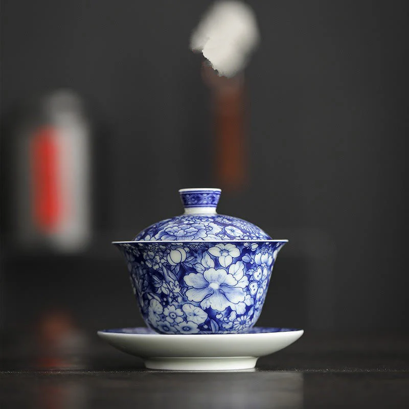 Buddha Stones Vintage Blu e Bianco Porcellana Ceramica Gaiwan Sancai Tazza da Tè Kung Fu Tazza da Tè e Piattino con Coperchio