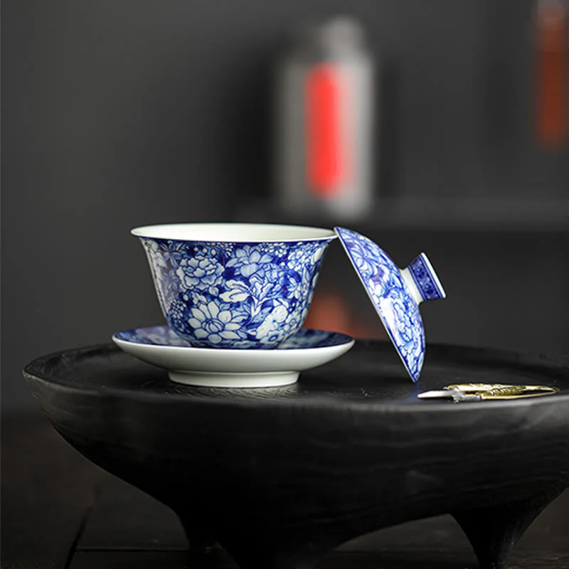 Buddha Stones Vintage Blu e Bianco Porcellana Ceramica Gaiwan Sancai Tazza da Tè Kung Fu Tazza da Tè e Piattino con Coperchio - Image 10