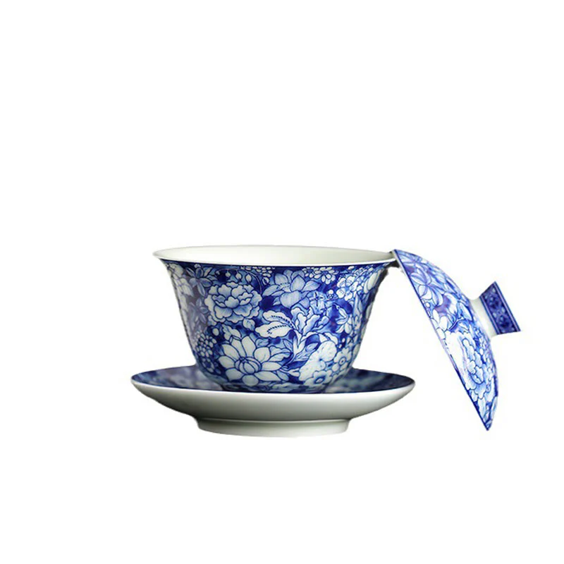 Buddha Stones Vintage Blu e Bianco Porcellana Ceramica Gaiwan Sancai Tazza da Tè Kung Fu Tazza da Tè e Piattino con Coperchio - Image 14
