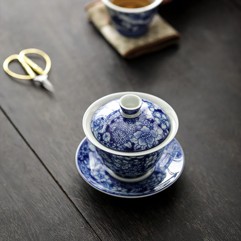Buddha Stones Vintage Blu e Bianco Porcellana Ceramica Gaiwan Sancai Tazza da Tè Kung Fu Tazza da Tè e Piattino con Coperchio - Image 2
