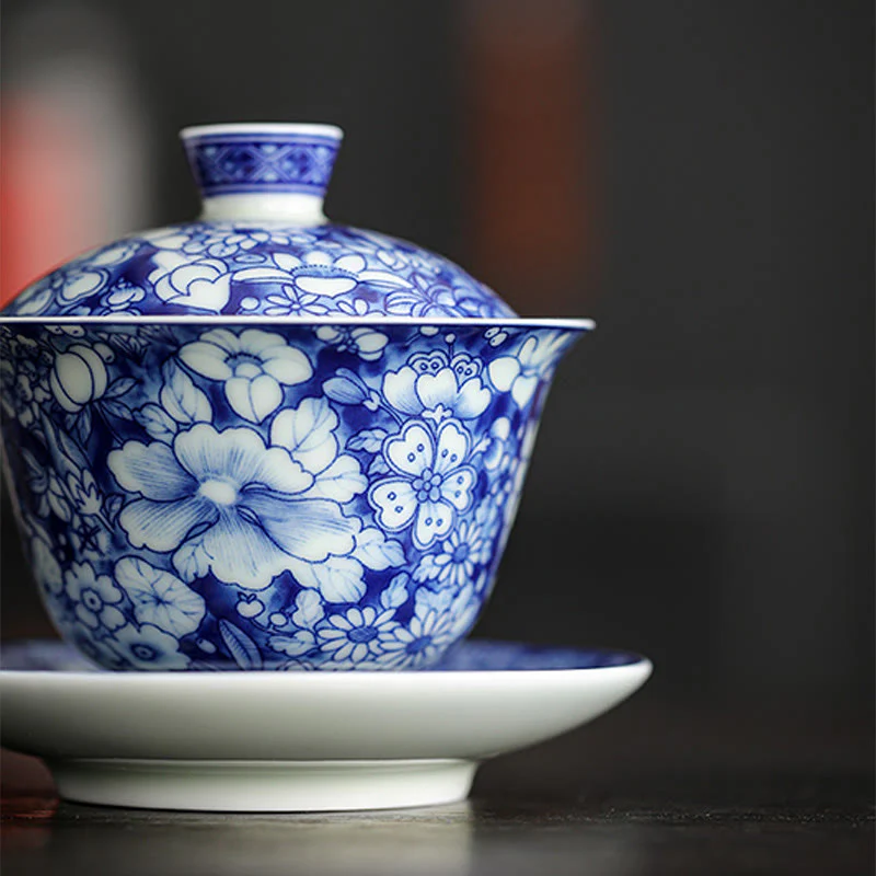 Buddha Stones Vintage Blu e Bianco Porcellana Ceramica Gaiwan Sancai Tazza da Tè Kung Fu Tazza da Tè e Piattino con Coperchio - Image 7