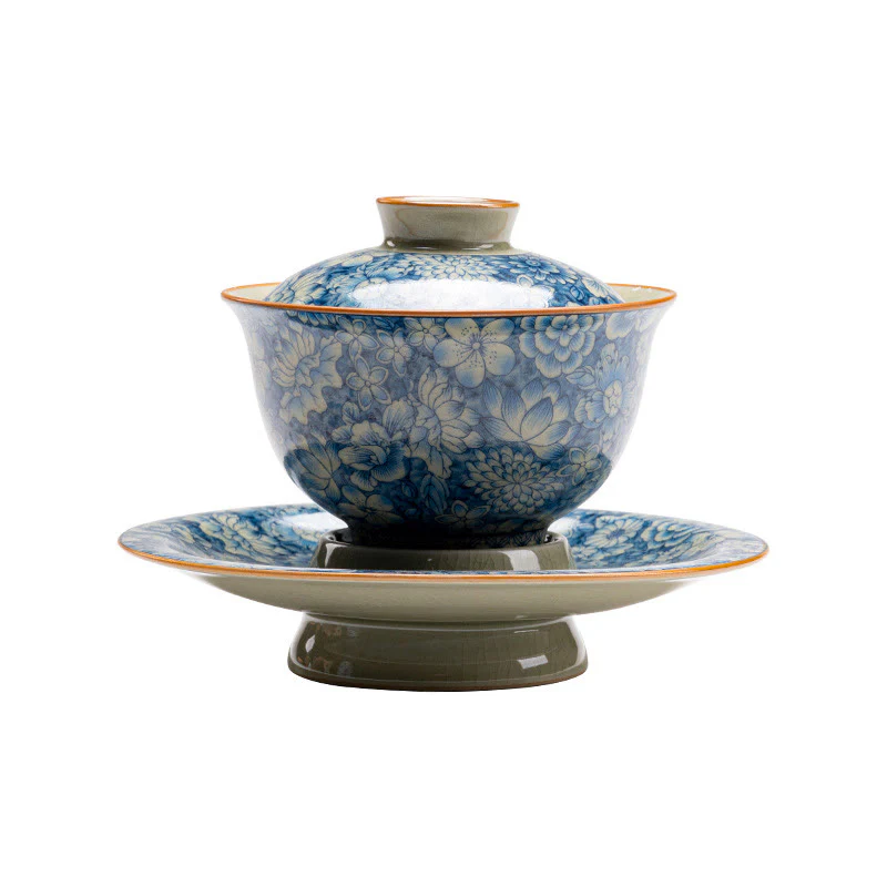 Buddha Stones Vintage Blu e Bianco Porcellana Fiore di Pesco Loto Peonia Ceramica Gaiwan Sancai Tazza da Tè Kung Fu Tazza da Tè e Piattino con Coperchio - Image 10