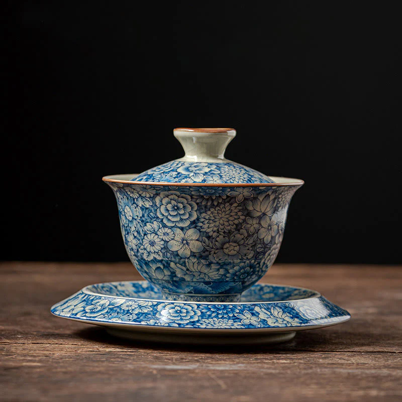 Buddha Stones Vintage Blu e Bianco Porcellana Fiore di Pesco Loto Peonia Ceramica Gaiwan Sancai Tazza da Tè Kung Fu Tazza da Tè e Piattino con Coperchio - Image 11