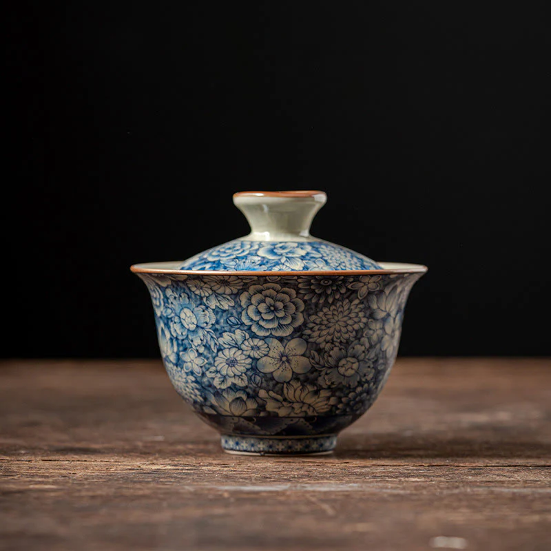 Buddha Stones Vintage Blu e Bianco Porcellana Fiore di Pesco Loto Peonia Ceramica Gaiwan Sancai Tazza da Tè Kung Fu Tazza da Tè e Piattino con Coperchio - Image 13