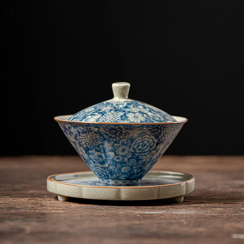 Buddha Stones Vintage Blu e Bianco Porcellana Fiore di Pesco Loto Peonia Ceramica Gaiwan Sancai Tazza da Tè Kung Fu Tazza da Tè e Piattino con Coperchio - Image 14