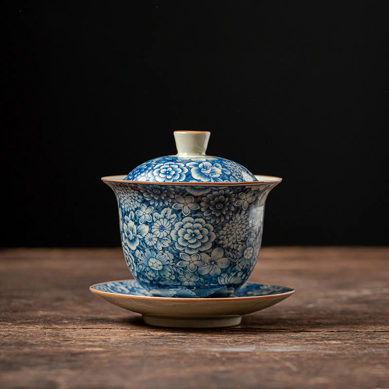 Buddha Stones Vintage Blu e Bianco Porcellana Fiore di Pesco Loto Peonia Ceramica Gaiwan Sancai Tazza da Tè Kung Fu Tazza da Tè e Piattino con Coperchio - Image 15