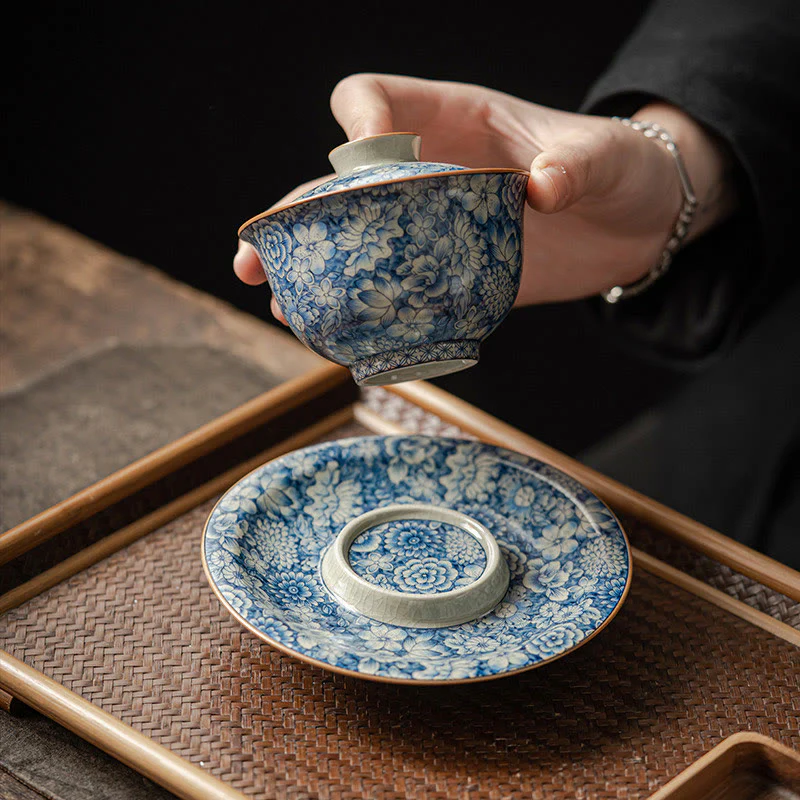 Buddha Stones Vintage Blu e Bianco Porcellana Fiore di Pesco Loto Peonia Ceramica Gaiwan Sancai Tazza da Tè Kung Fu Tazza da Tè e Piattino con Coperchio - Image 3