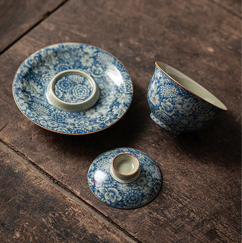 Buddha Stones Vintage Blu e Bianco Porcellana Fiore di Pesco Loto Peonia Ceramica Gaiwan Sancai Tazza da Tè Kung Fu Tazza da Tè e Piattino con Coperchio - Image 4