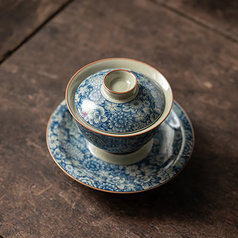 Buddha Stones Vintage Blu e Bianco Porcellana Fiore di Pesco Loto Peonia Ceramica Gaiwan Sancai Tazza da Tè Kung Fu Tazza da Tè e Piattino con Coperchio - Image 5