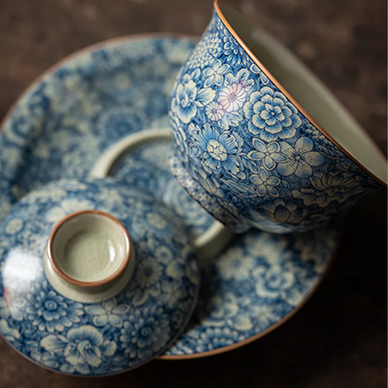 Buddha Stones Vintage Blu e Bianco Porcellana Fiore di Pesco Loto Peonia Ceramica Gaiwan Sancai Tazza da Tè Kung Fu Tazza da Tè e Piattino con Coperchio - Image 6