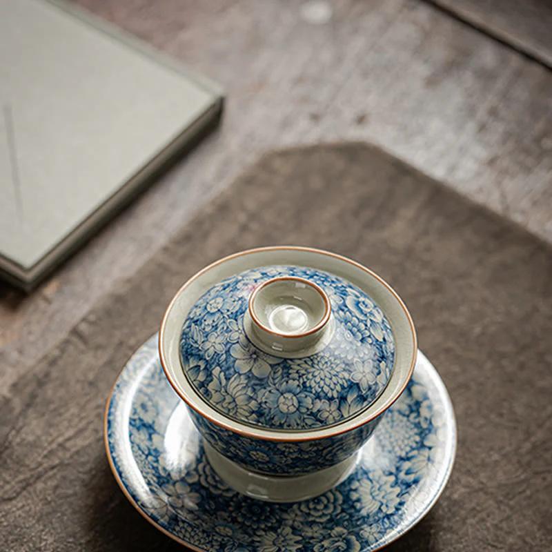 Buddha Stones Vintage Blu e Bianco Porcellana Fiore di Pesco Loto Peonia Ceramica Gaiwan Sancai Tazza da Tè Kung Fu Tazza da Tè e Piattino con Coperchio - Image 7